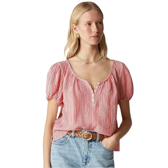 J Crew Puff Sleeve Henley Top Striped Gauze Cotton Red/White Sz M Like New - Picture 2 of 8